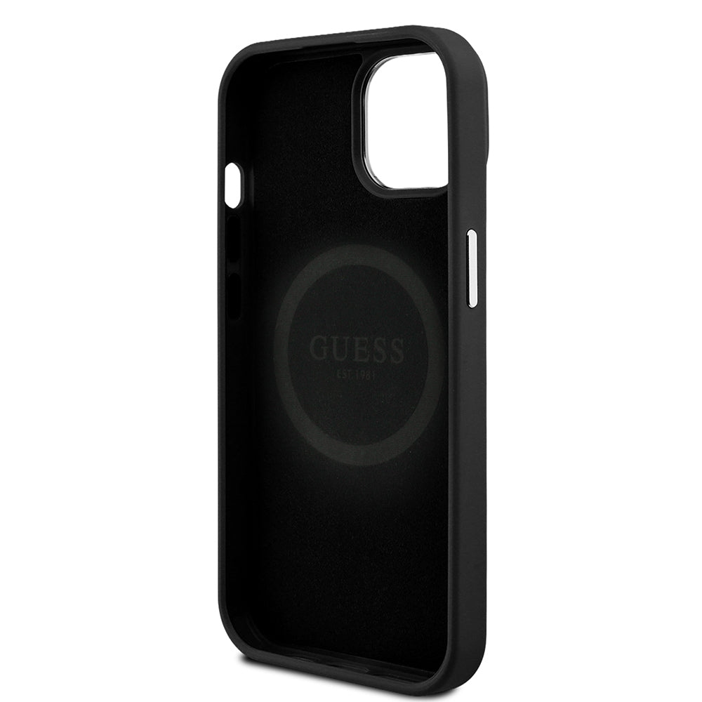 Apple iPhone 15 Kılıf Guess Orjinal Lisanslı M-safe Şarj Özellikli Grained Triangle Kapak Siyah