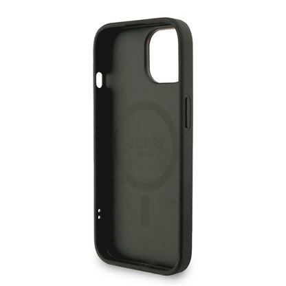 Apple iPhone 15 Kılıf Guess Orjinal Lisanslı M-safe Şarj Özellikli PU Deri Bilek Askı İpli Yazı Logolu Kapak Kahverengi