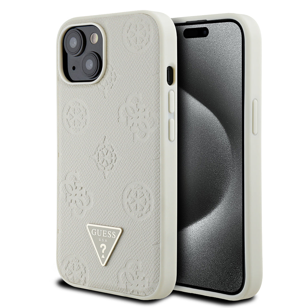 Apple iPhone 15 Kılıf Guess Orjinal Lisanslı M-safe Şarj Özellikli Sıcak Baskılı Üçgen Logolu PU Deri Peony Kapak Pembe