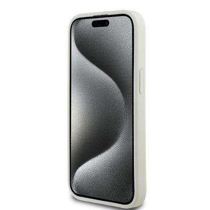 Apple iPhone 15 Kılıf Guess Orjinal Lisanslı M-safe Şarj Özellikli Sıcak Baskılı Üçgen Logolu PU Deri Peony Kapak Bej