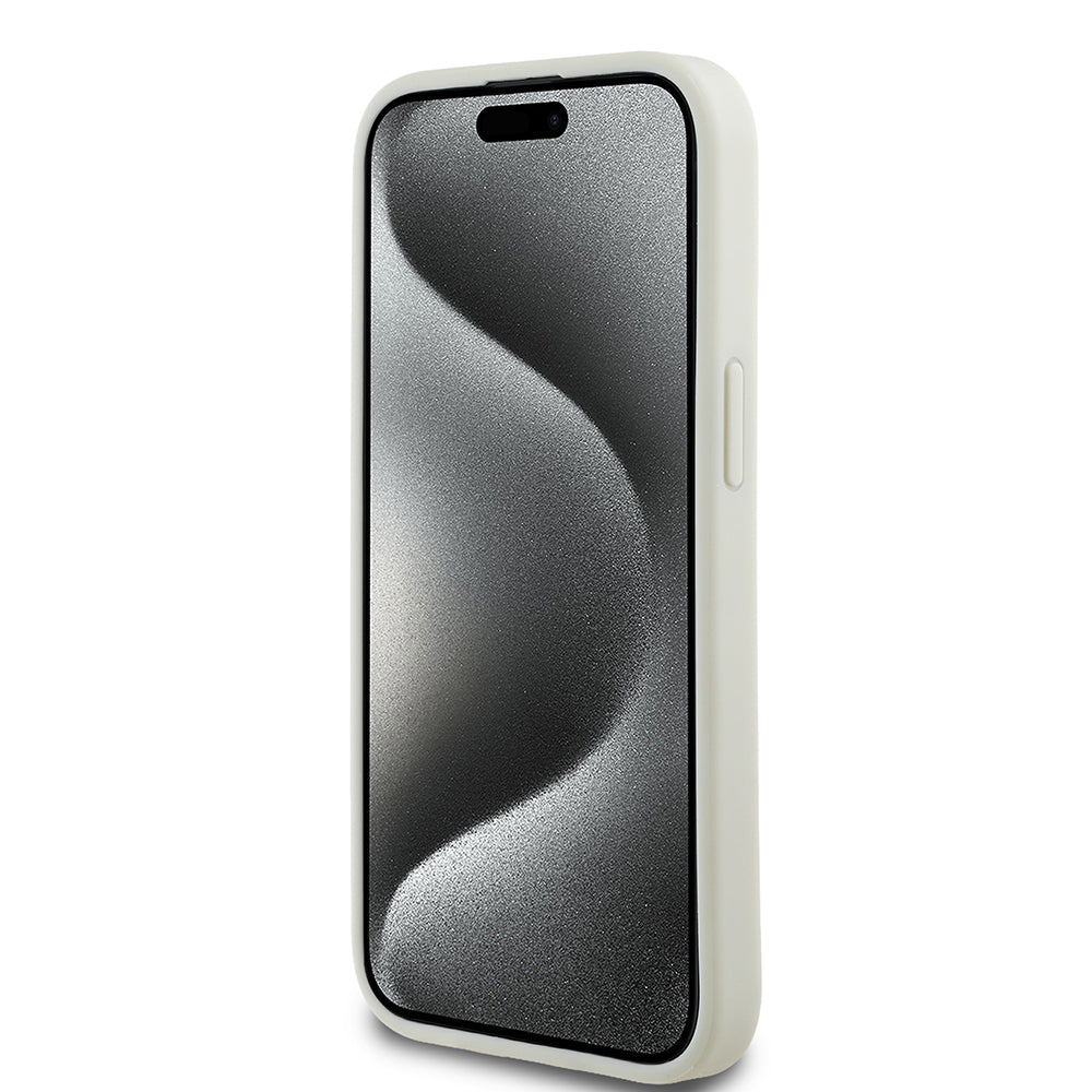 Apple iPhone 15 Kılıf Guess Orjinal Lisanslı M-safe Şarj Özellikli Sıcak Baskılı Üçgen Logolu PU Deri Peony Kapak Pembe