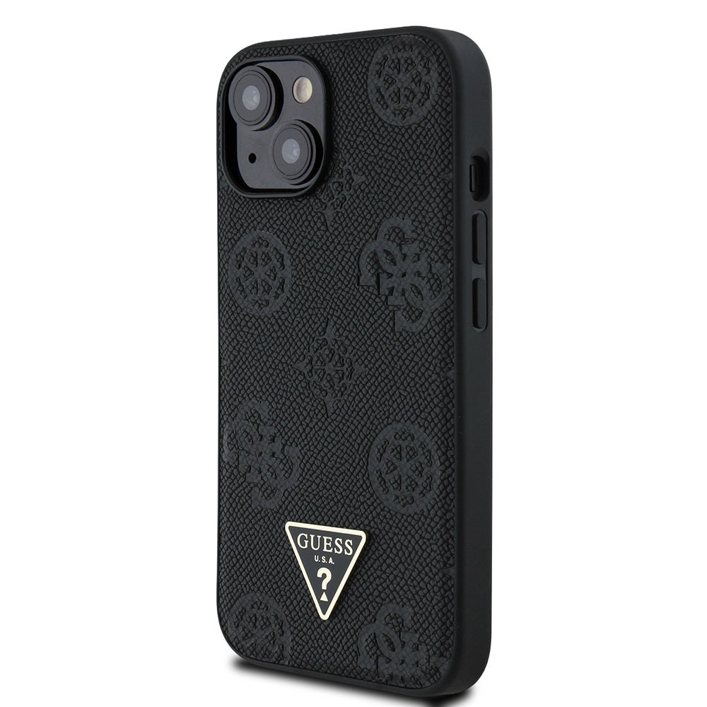 Apple iPhone 15 Kılıf Guess Orjinal Lisanslı M-safe Şarj Özellikli Sıcak Baskılı Üçgen Logolu PU Deri Peony Kapak Bej