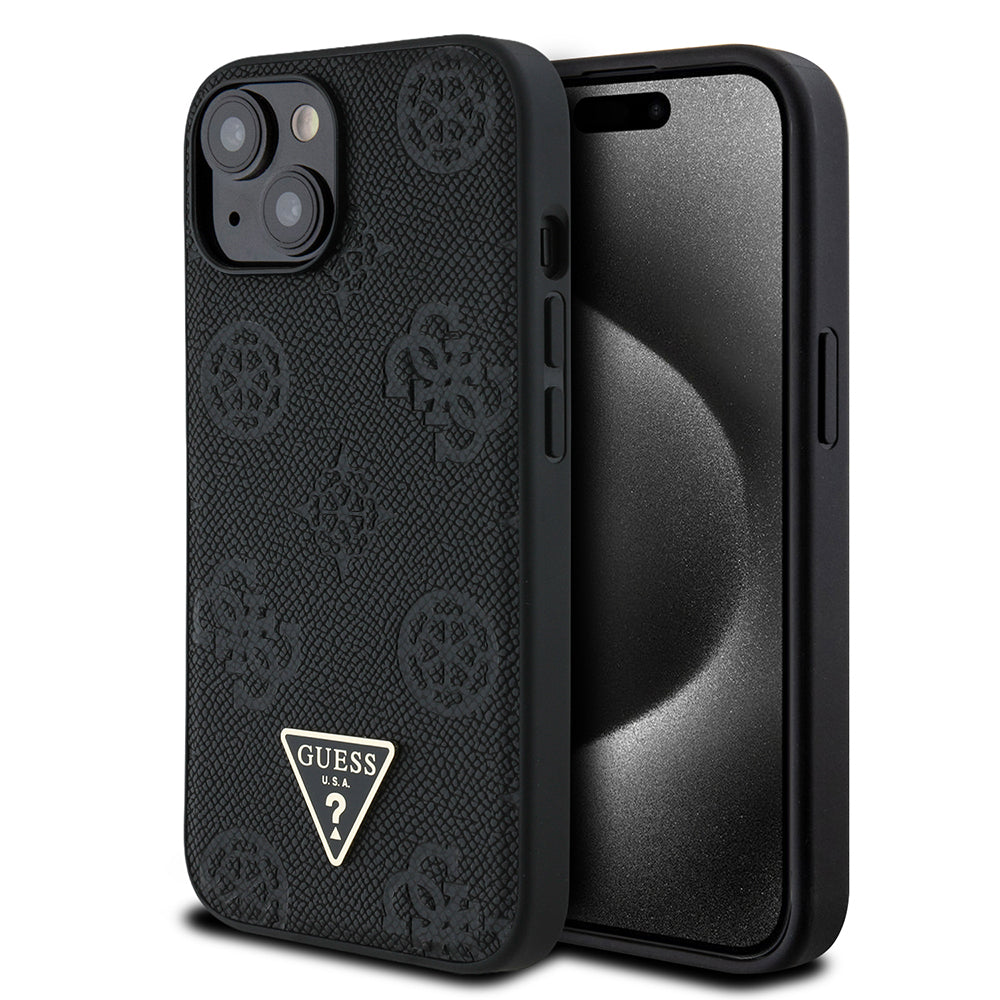 Apple iPhone 15 Kılıf Guess Orjinal Lisanslı M-safe Şarj Özellikli Sıcak Baskılı Üçgen Logolu PU Deri Peony Kapak Siyah