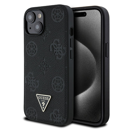 Apple iPhone 15 Kılıf Guess Orjinal Lisanslı M-safe Şarj Özellikli Sıcak Baskılı Üçgen Logolu PU Deri Peony Kapak Siyah