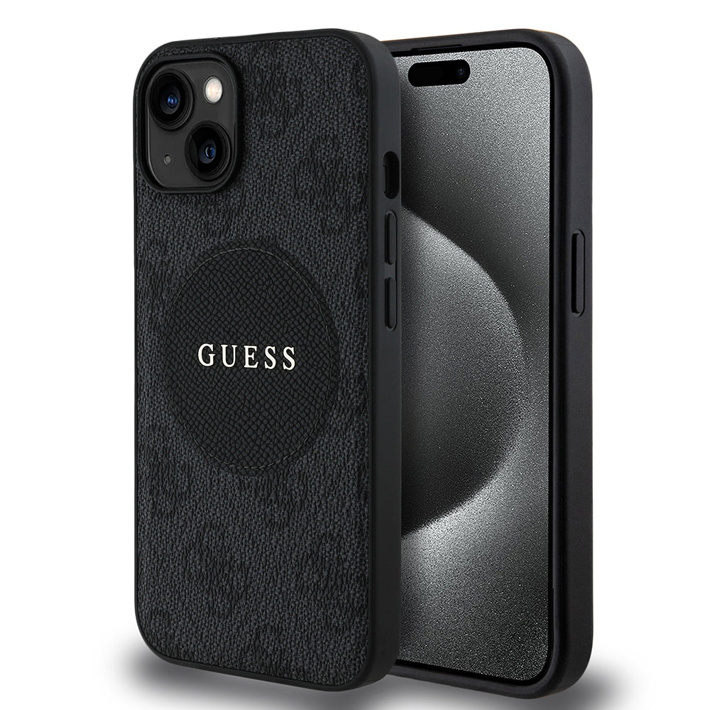 Apple iPhone 15 Kılıf Guess Orjinal Lisanslı M-safe Şarj Özellikli Yazı Logolu Circle Classic Kapak Siyah