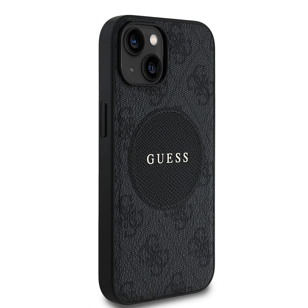 Apple iPhone 15 Kılıf Guess Orjinal Lisanslı M-safe Şarj Özellikli Yazı Logolu Circle Classic Kapak Siyah