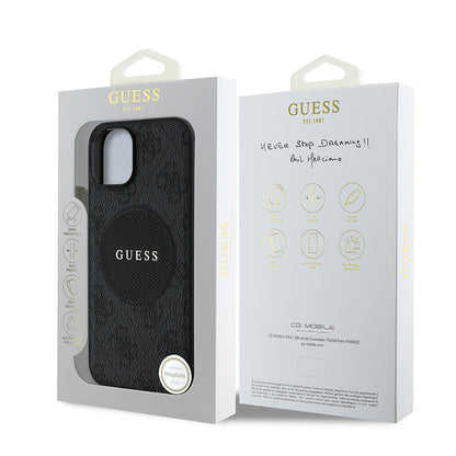 Apple iPhone 15 Kılıf Guess Orjinal Lisanslı M-safe Şarj Özellikli Yazı Logolu Circle Classic Kapak Siyah