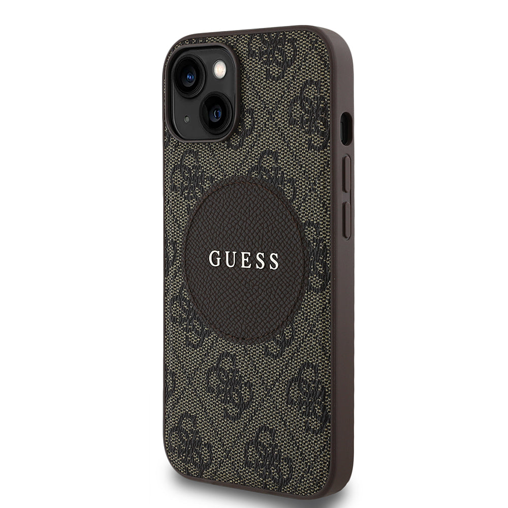 Apple iPhone 15 Kılıf Guess Orjinal Lisanslı M-safe Şarj Özellikli Yazı Logolu Circle Classic Kapak Siyah