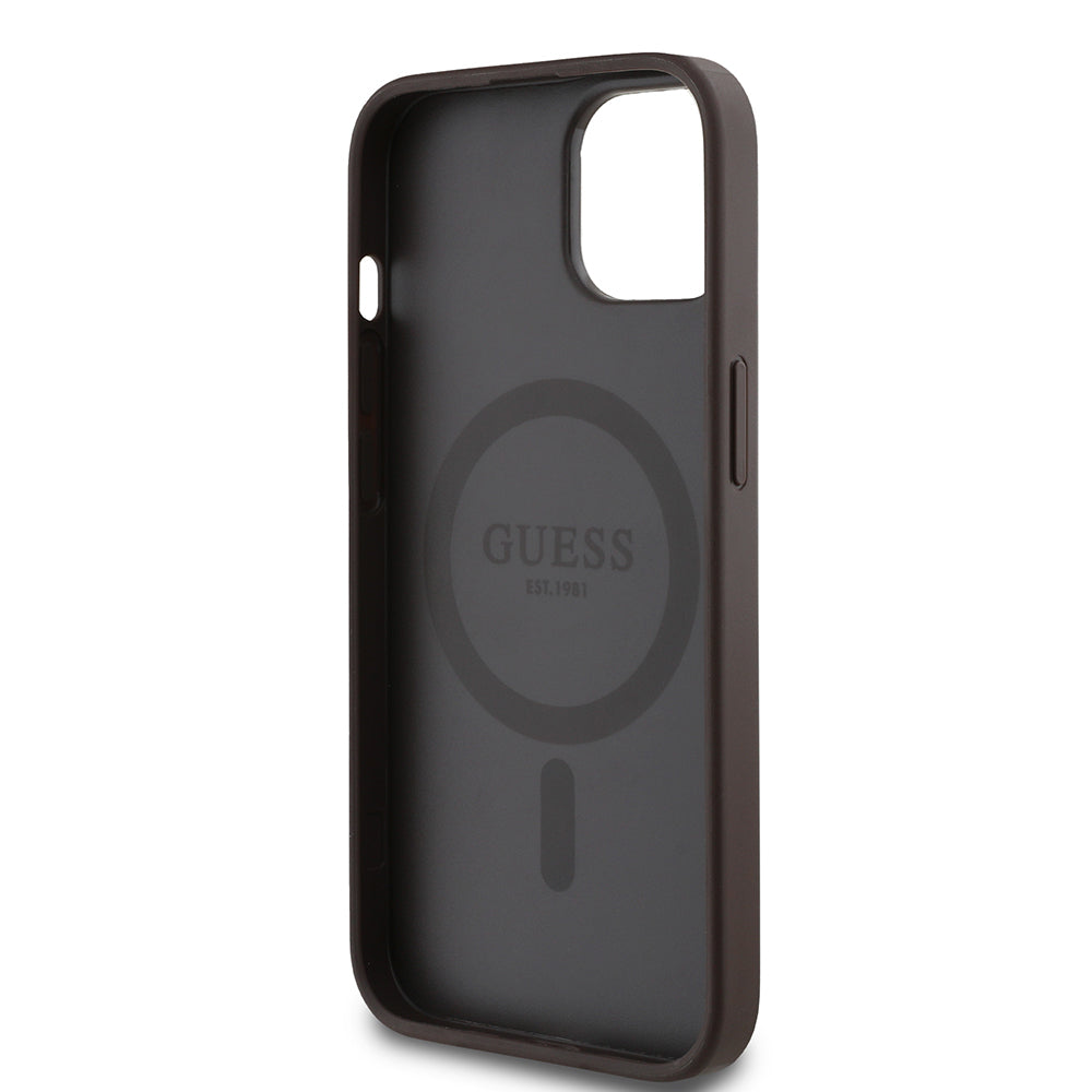Apple iPhone 15 Kılıf Guess Orjinal Lisanslı M-safe Şarj Özellikli Yazı Logolu Circle Classic Kapak Kahverengi