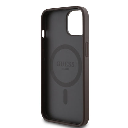 Apple iPhone 15 Kılıf Guess Orjinal Lisanslı M-safe Şarj Özellikli Yazı Logolu Circle Classic Kapak Kahverengi