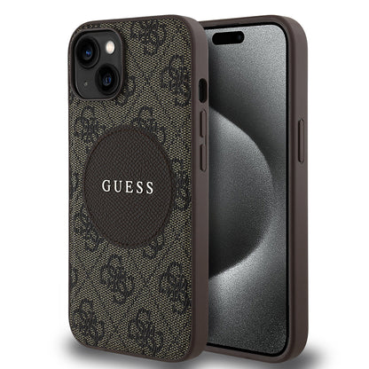 Apple iPhone 15 Kılıf Guess Orjinal Lisanslı M-safe Şarj Özellikli Yazı Logolu Circle Classic Kapak Kahverengi