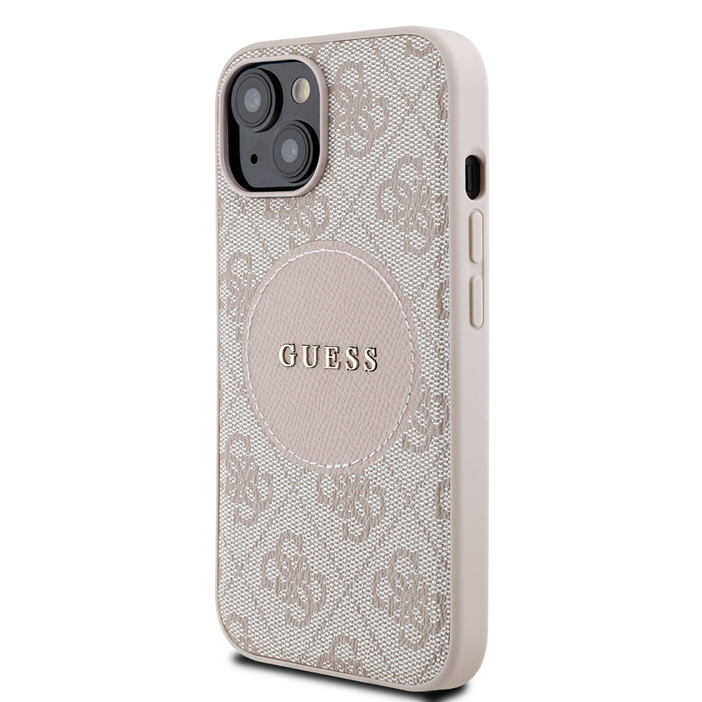 Apple iPhone 15 Kılıf Guess Orjinal Lisanslı M-safe Şarj Özellikli Yazı Logolu Circle Classic Kapak Kahverengi