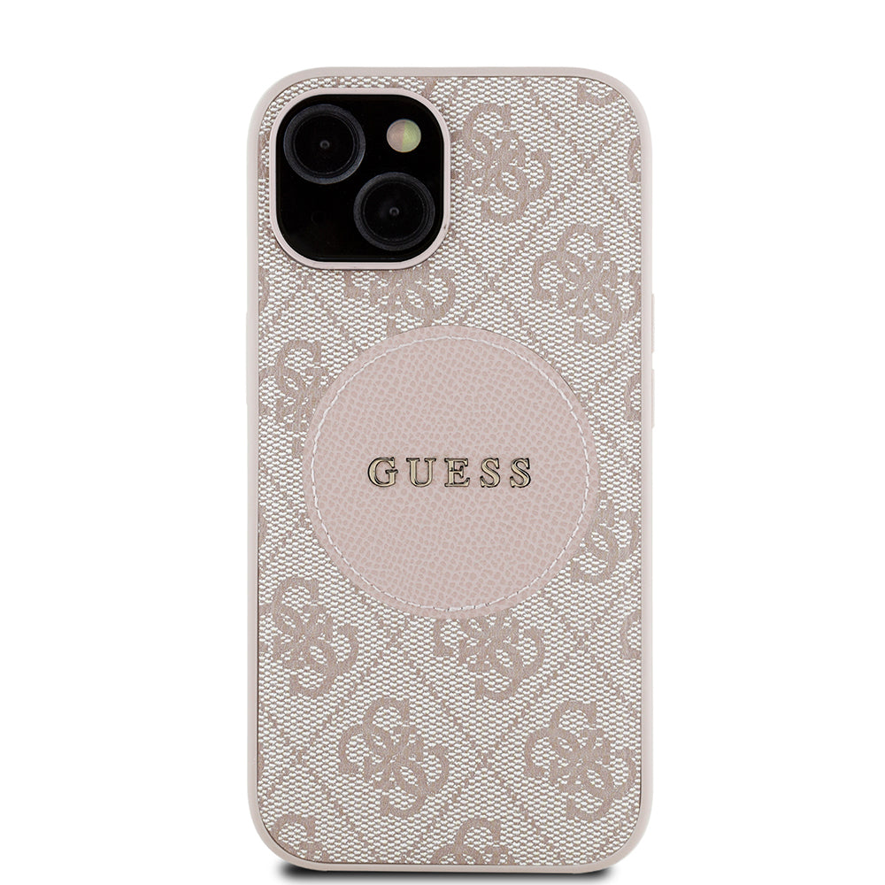 Apple iPhone 15 Kılıf Guess Orjinal Lisanslı M-safe Şarj Özellikli Yazı Logolu Circle Classic Kapak Kahverengi