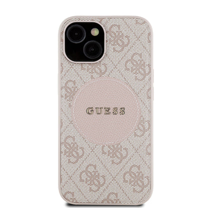 Apple iPhone 15 Kılıf Guess Orjinal Lisanslı M-safe Şarj Özellikli Yazı Logolu Circle Classic Kapak Pembe