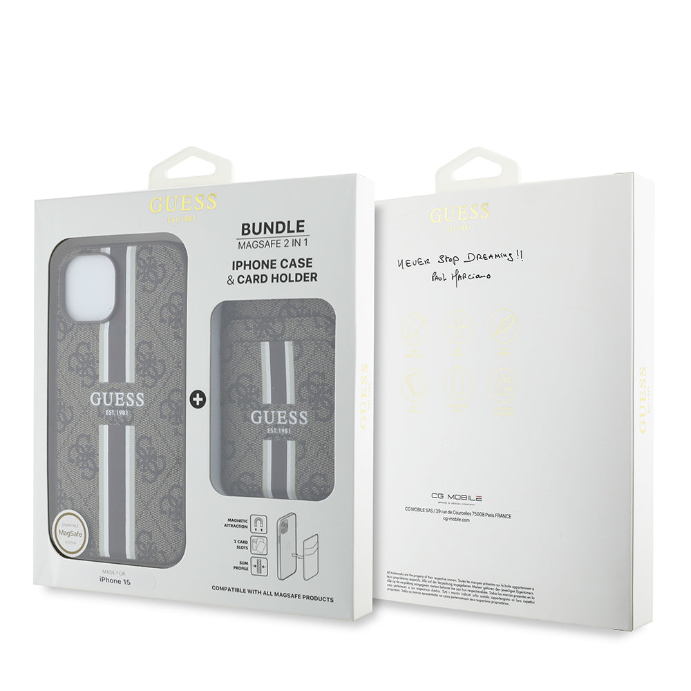 Apple iPhone 15 Kılıf Guess Orjinal Lisanslı M-safe Şarj Özellikli 4G Desenli Çizgili Kartlıklı Kapak Kahverengi