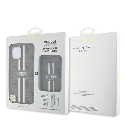 Apple iPhone 15 Kılıf Guess Orjinal Lisanslı M-safe Şarj Özellikli 4G Desenli Çizgili Kartlıklı Kapak Kahverengi