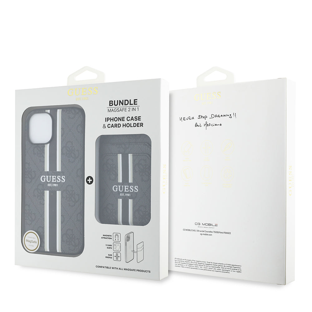 Apple iPhone 15 Kılıf Guess Orjinal Lisanslı M-safe Şarj Özellikli 4G Desenli Çizgili Kartlıklı Kapak Kahverengi