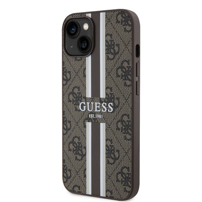 Apple iPhone 15 Kılıf Guess Orjinal Lisanslı M-safe Şarj Özellikli 4G Şerit Tasarımlı Printed Kapak Kahverengi
