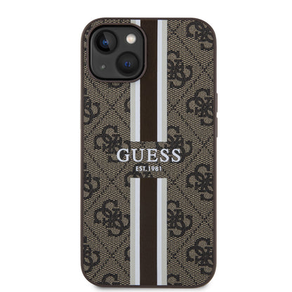 Apple iPhone 15 Kılıf Guess Orjinal Lisanslı M-safe Şarj Özellikli 4G Şerit Tasarımlı Printed Kapak Kahverengi