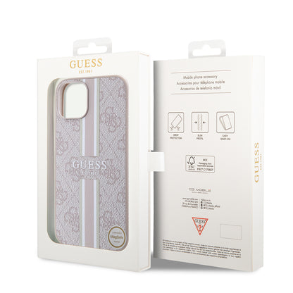 Apple iPhone 15 Kılıf Guess Orjinal Lisanslı M-safe Şarj Özellikli 4G Şerit Tasarımlı Printed Kapak Kahverengi