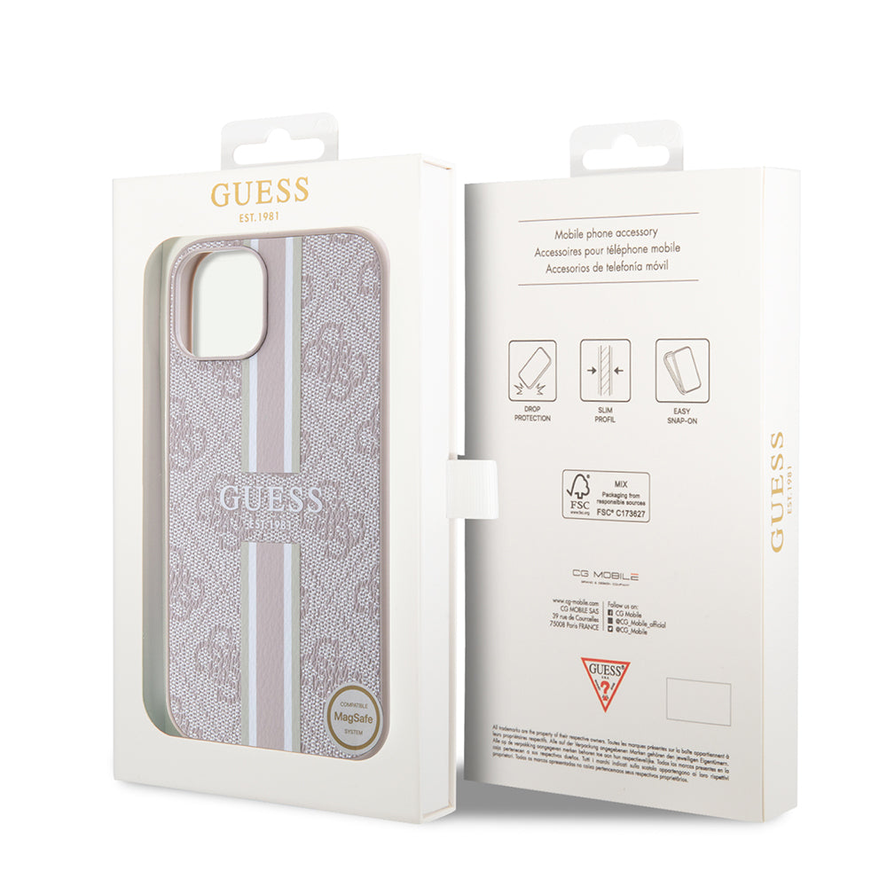 Apple iPhone 15 Kılıf Guess Orjinal Lisanslı M-safe Şarj Özellikli 4G Şerit Tasarımlı Printed Kapak Pembe