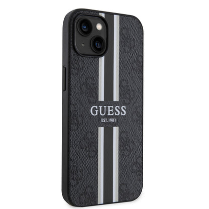 Apple iPhone 15 Kılıf Guess Orjinal Lisanslı M-safe Şarj Özellikli 4G Şerit Tasarımlı Printed Kapak Siyah