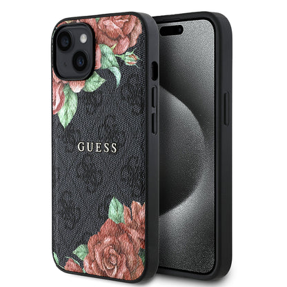 Apple iPhone 15 Kılıf Guess Orjinal Lisanslı M-safe Şarj Özellikli Gül Baskılı 4G Desenli Yazı Logolu Kapak Kahverengi