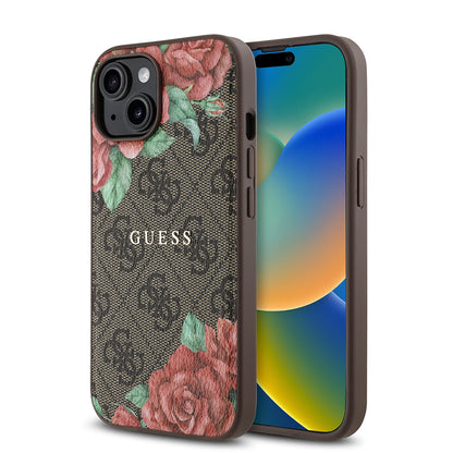 Apple iPhone 15 Kılıf Guess Orjinal Lisanslı M-safe Şarj Özellikli Gül Baskılı 4G Desenli Yazı Logolu Kapak Kahverengi