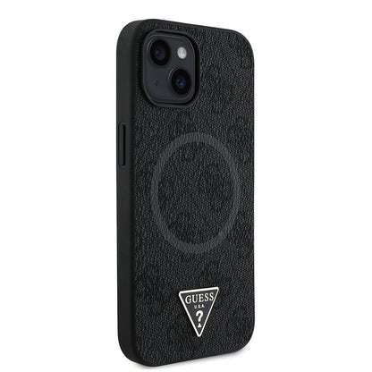 Apple iPhone 15 Kılıf Guess Orjinal Lisanslı M-safe Şarj Özellikli PU Üçgen Logo 4G Desenli Kapak Kahverengi