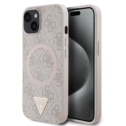 Apple iPhone 15 Kılıf Guess Orjinal Lisanslı M-safe Şarj Özellikli PU Üçgen Logo 4G Desenli Kapak