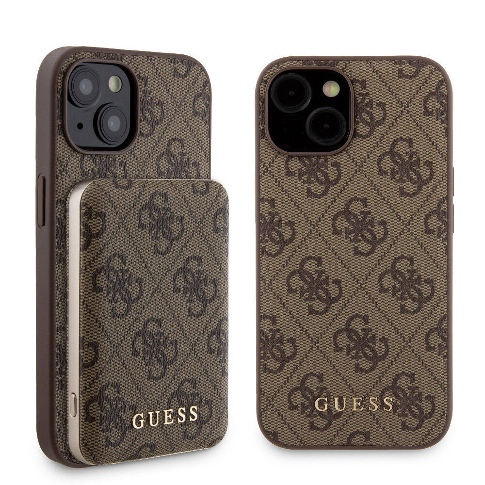 Apple iPhone 15 Kılıf Guess Orjinal Lisanslı M-safe Şarj Özellikli Yazı Logolu 4G Desenli Kapak + Powerbank 5000mAh 2in1 Set Kahverengi