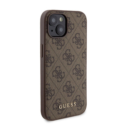 Apple iPhone 15 Kılıf Guess Orjinal Lisanslı M-safe Şarj Özellikli Yazı Logolu 4G Desenli Kapak + Powerbank 5000mAh 2in1 Set Kahverengi
