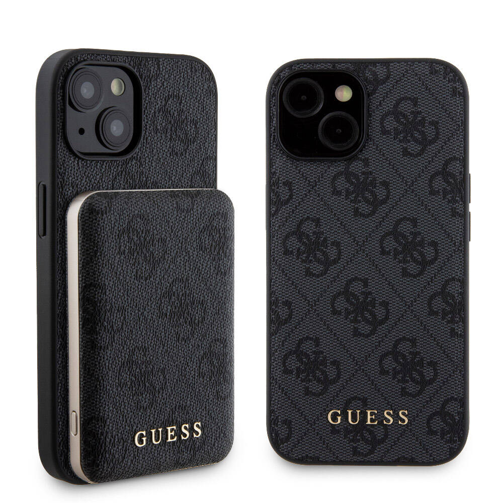 Apple iPhone 15 Kılıf Guess Orjinal Lisanslı M-safe Şarj Özellikli Yazı Logolu 4G Desenli Kapak + Powerbank 5000mAh 2in1 Set Kahverengi