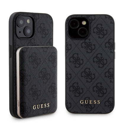 Apple iPhone 15 Kılıf Guess Orjinal Lisanslı M-safe Şarj Özellikli Yazı Logolu 4G Desenli Kapak + Powerbank 5000mAh 2in1 Set Kahverengi