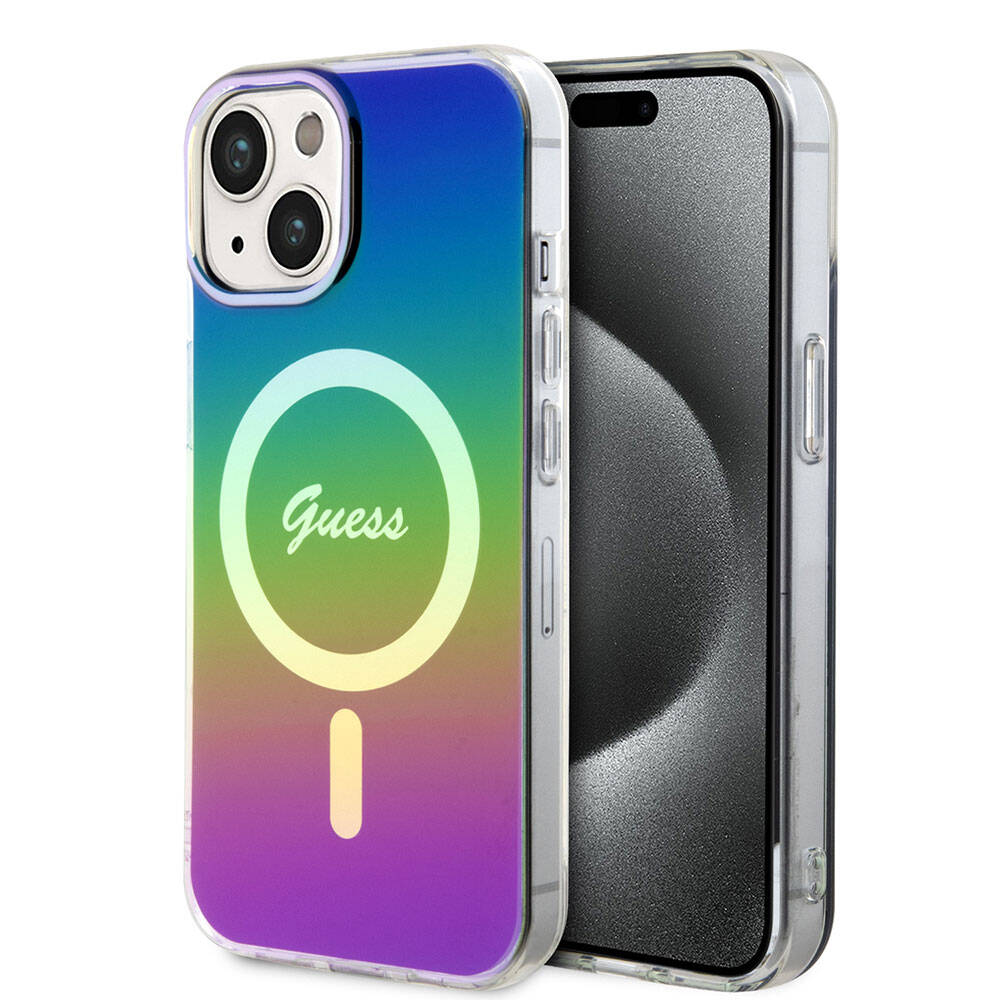 Apple iPhone 15 Kılıf Guess Orjinal Lisanslı M-safe Şarj Özellikli Yazı Logolu Iridescent Kapak Siyah