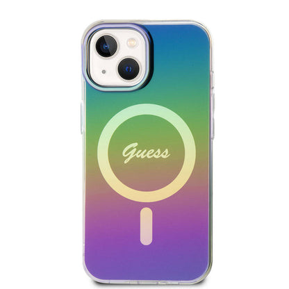Apple iPhone 15 Kılıf Guess Orjinal Lisanslı M-safe Şarj Özellikli Yazı Logolu Iridescent Kapak Mor