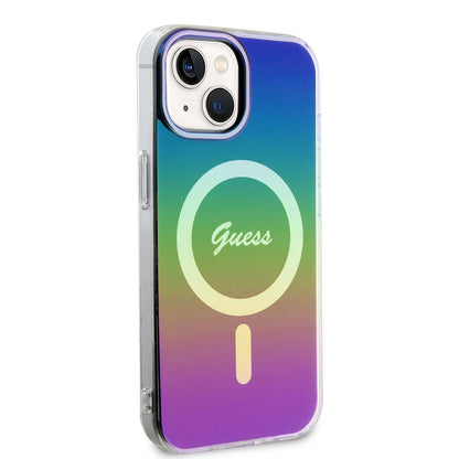 Apple iPhone 15 Kılıf Guess Orjinal Lisanslı M-safe Şarj Özellikli Yazı Logolu Iridescent Kapak Siyah