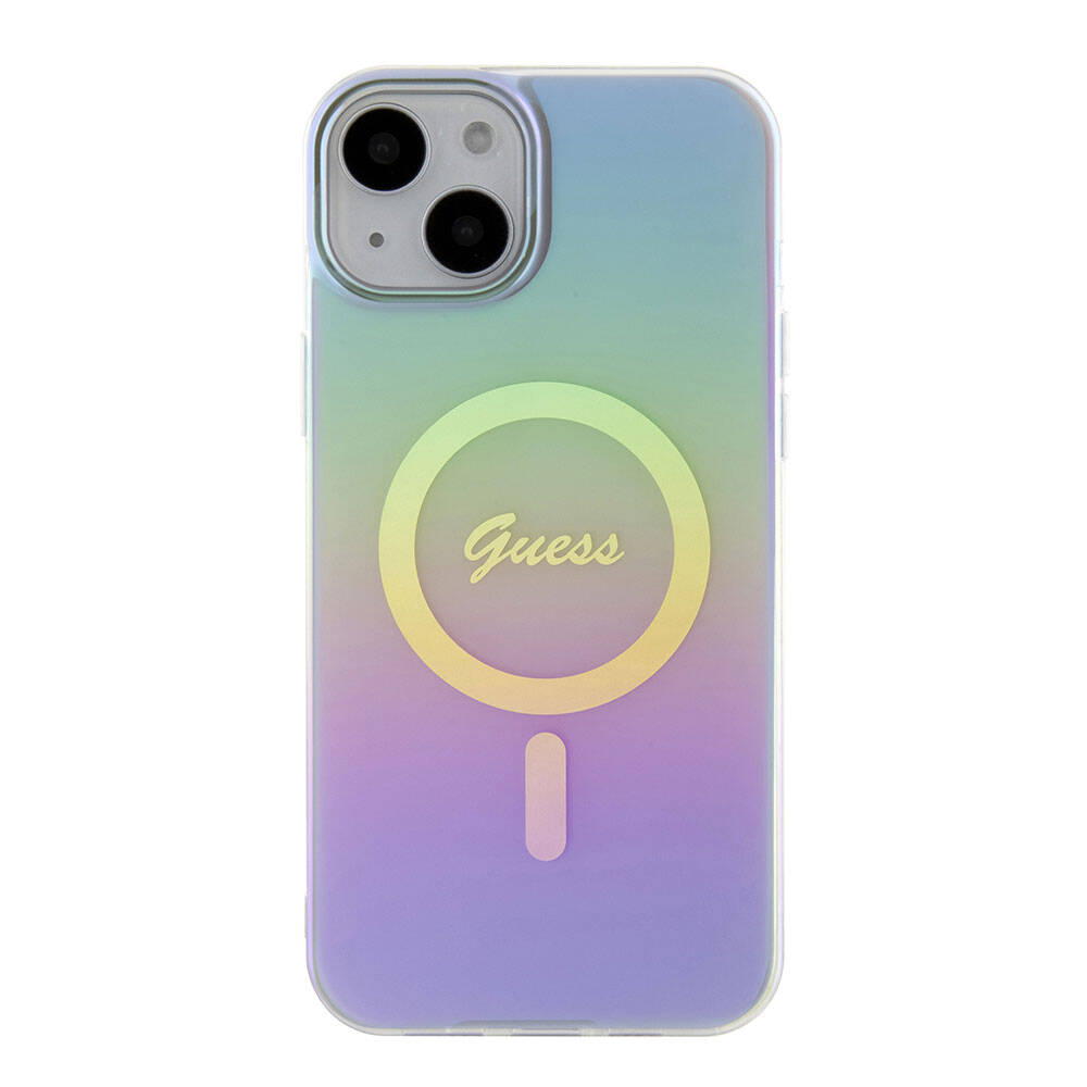 Apple iPhone 15 Kılıf Guess Orjinal Lisanslı M-safe Şarj Özellikli Yazı Logolu Iridescent Kapak Siyah