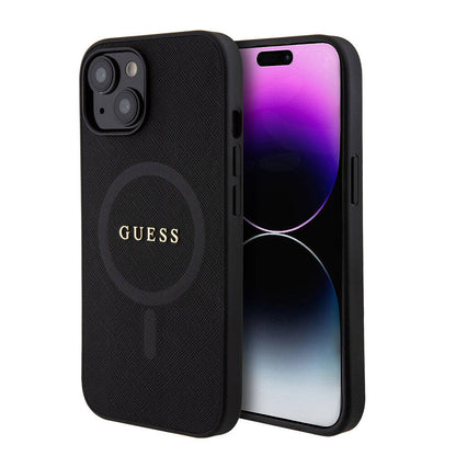 Apple iPhone 15 Kılıf Guess Orjinal Lisanslı M-safe Şarj Özellikli Yazı Logolu Saffiano Kapak Siyah