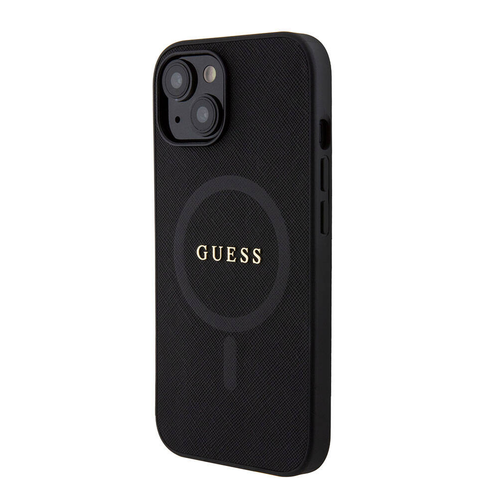 Apple iPhone 15 Kılıf Guess Orjinal Lisanslı M-safe Şarj Özellikli Yazı Logolu Saffiano Kapak Siyah