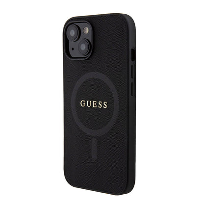 Apple iPhone 15 Kılıf Guess Orjinal Lisanslı M-safe Şarj Özellikli Yazı Logolu Saffiano Kapak Mor