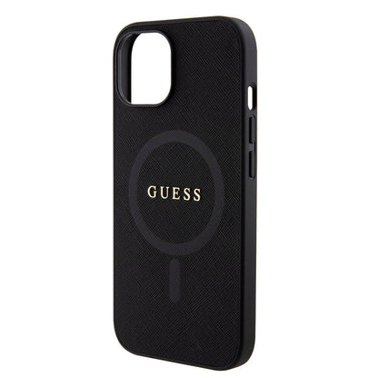 Apple iPhone 15 Kılıf Guess Orjinal Lisanslı M-safe Şarj Özellikli Yazı Logolu Saffiano Kapak Siyah