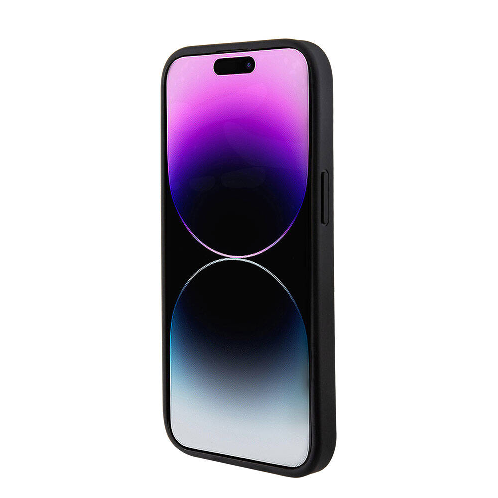 Apple iPhone 15 Kılıf Guess Orjinal Lisanslı M-safe Şarj Özellikli Yazı Logolu Saffiano Kapak Mor