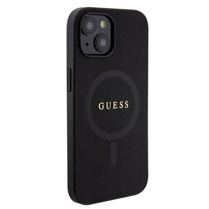 Apple iPhone 15 Kılıf Guess Orjinal Lisanslı M-safe Şarj Özellikli Yazı Logolu Saffiano Kapak Siyah