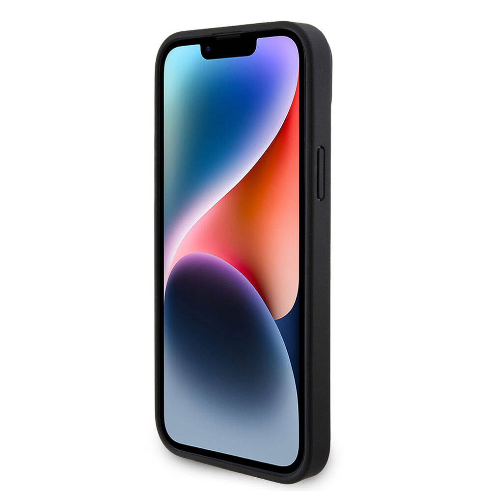 Apple iPhone 15 Kılıf Guess Orjinal Lisanslı PU Deri Askılı Taşlı Üçgen Logo 4G Desenli Strass Crossbody Kapak Siyah