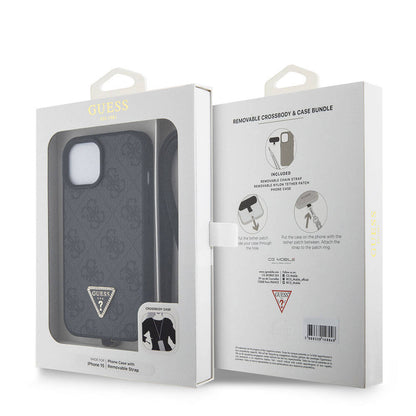 Apple iPhone 15 Kılıf Guess Orjinal Lisanslı PU Deri Askılı Taşlı Üçgen Logo 4G Desenli Strass Crossbody Kapak Kahverengi