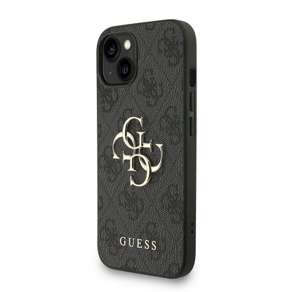 Apple iPhone 15 Kılıf Guess Orjinal Lisanslı PU Deri Bilek Askı İpli Metal Büyük 4G ve Yazı Logolu Kapak Siyah