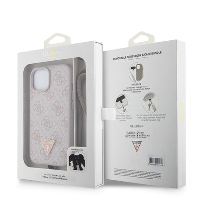 Apple iPhone 15 Kılıf Guess Orjinal Lisanslı PU Deri Taşlı Metal Üçgen Logolu Çapraz Vücut Askılı 4G Desenli Kapak Pembe