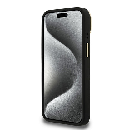 Apple iPhone 15 Kılıf Guess Orjinal Lisanslı PU Deri Taşlı Üçgen Logo 4G Desenli Kamera Standlı Kapak Pembe