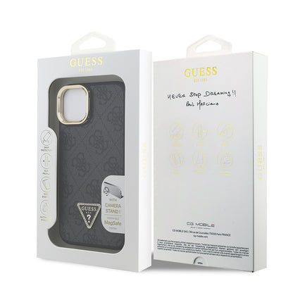 Apple iPhone 15 Kılıf Guess Orjinal Lisanslı PU Deri Taşlı Üçgen Logo 4G Desenli Kamera Standlı Kapak Pembe